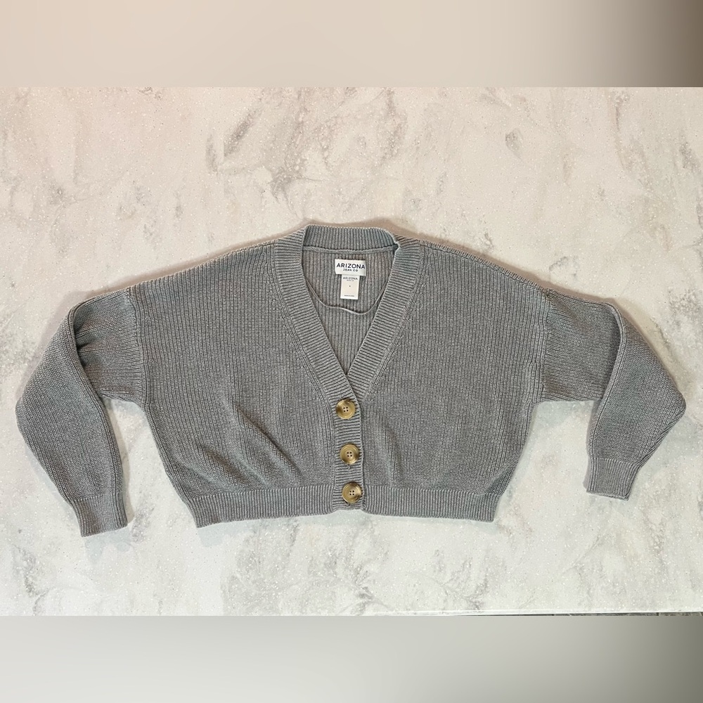 Arizona Jean Co Gray Button-Up Cropped Oversized Cotton Cardigan Sweater